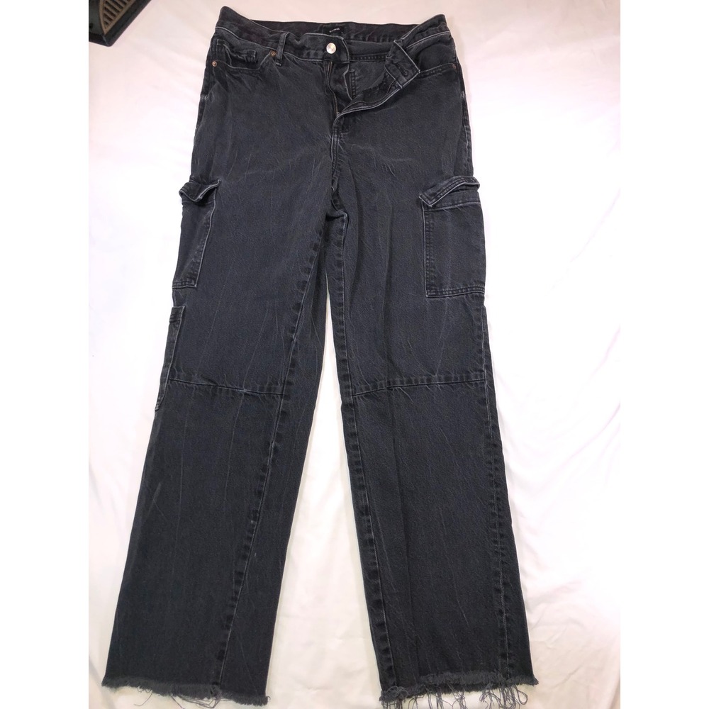 Express Conscious Edit Black Cargo Jeans Straight Leg Raw Hem Womens 12L Long